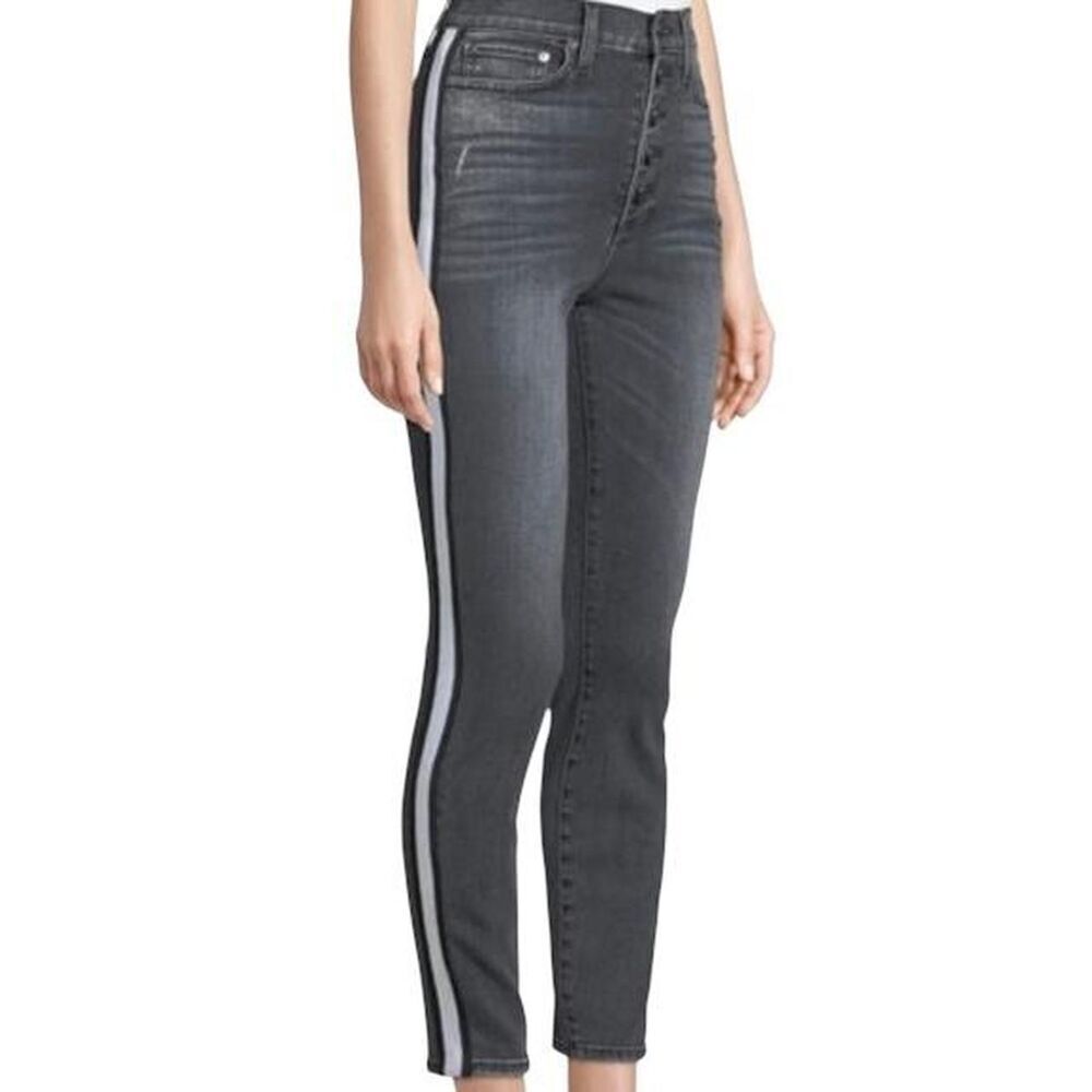 Alice + Olivia AO.LA Good High-Rise Exposed Button Skinny Jeans with Stripes